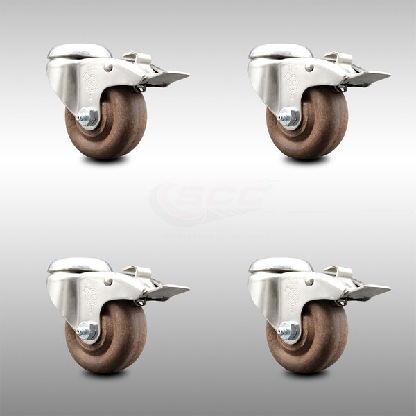 Service Caster 3 Inch 316SS High Temp Glass Filled Nylon Bolt Hole Caster Set with Lock Brake SCC-SS316BHTTL20S314-GFNSHT-4 - main